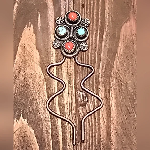Vintage Native American Hairpin with Coral and Turquoise  display picture 2